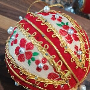 Vintage Beaded Push Pin Ornament Christmas Holiday Red Gold Floral